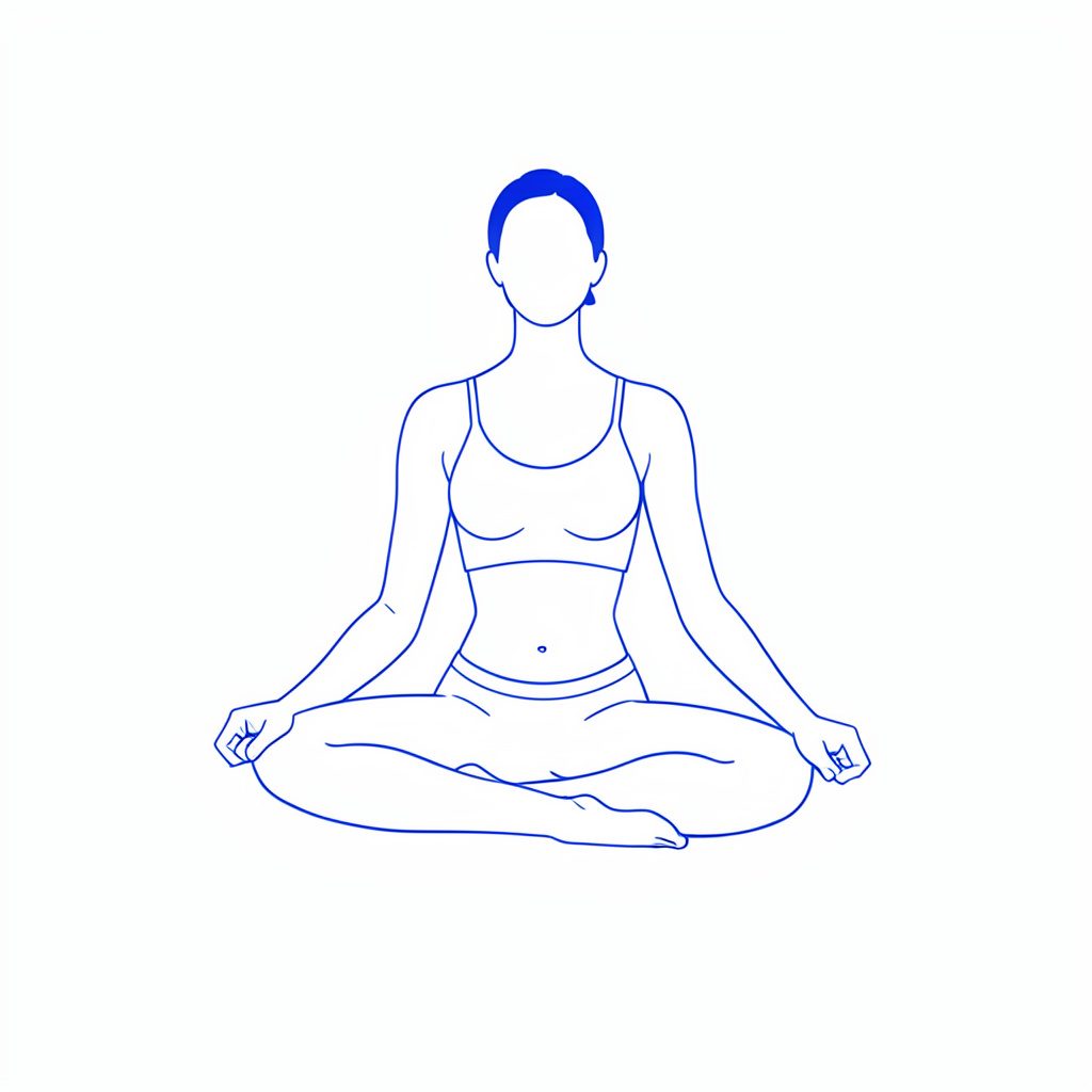 A calm yoga practitioner seated in meditation on a mat, bathed in soft blue and white light, conveying stillness and inner focus.