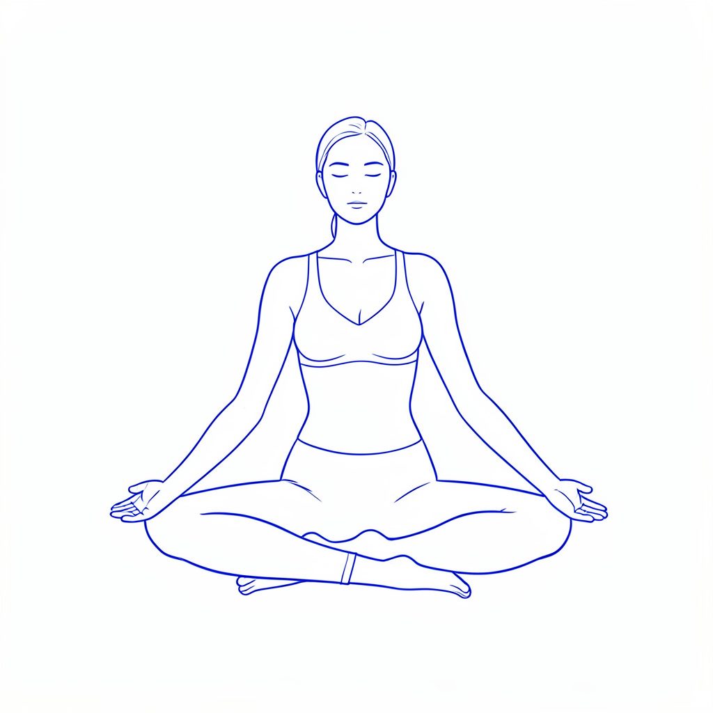 A seated meditation pose with hands resting on knees, peaceful expression, warm neutral background.